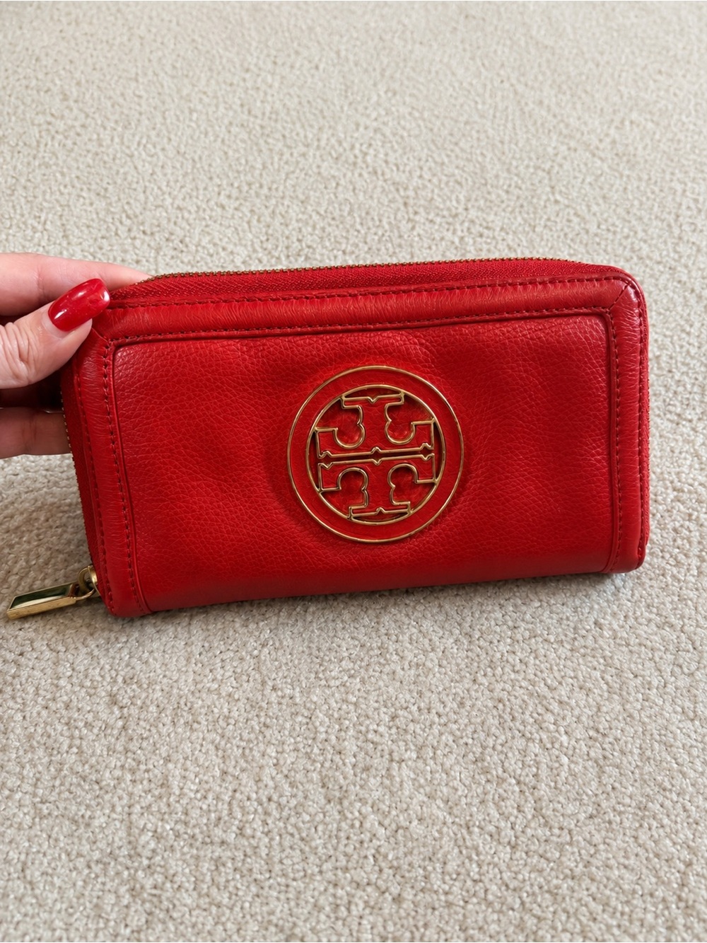 Tory Burch Red Leather Zip Wallet with Gold Logo